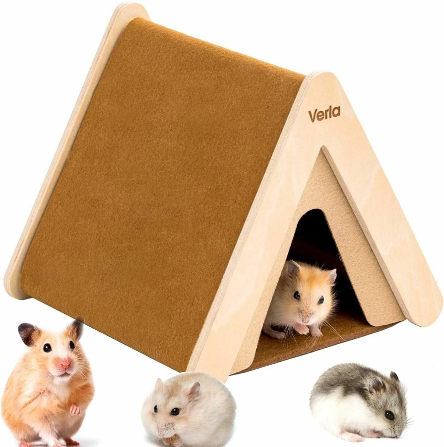 Small Animal Verla | Hamster Hideout Clearance, 2-In-1 Hamster Accessories Climbing Toy Wooden House Habitat Cage Decor Warm Bed For Dwarf Syrian Hamsters Gerbils Mice, Cute Tent Shape Stable Hut