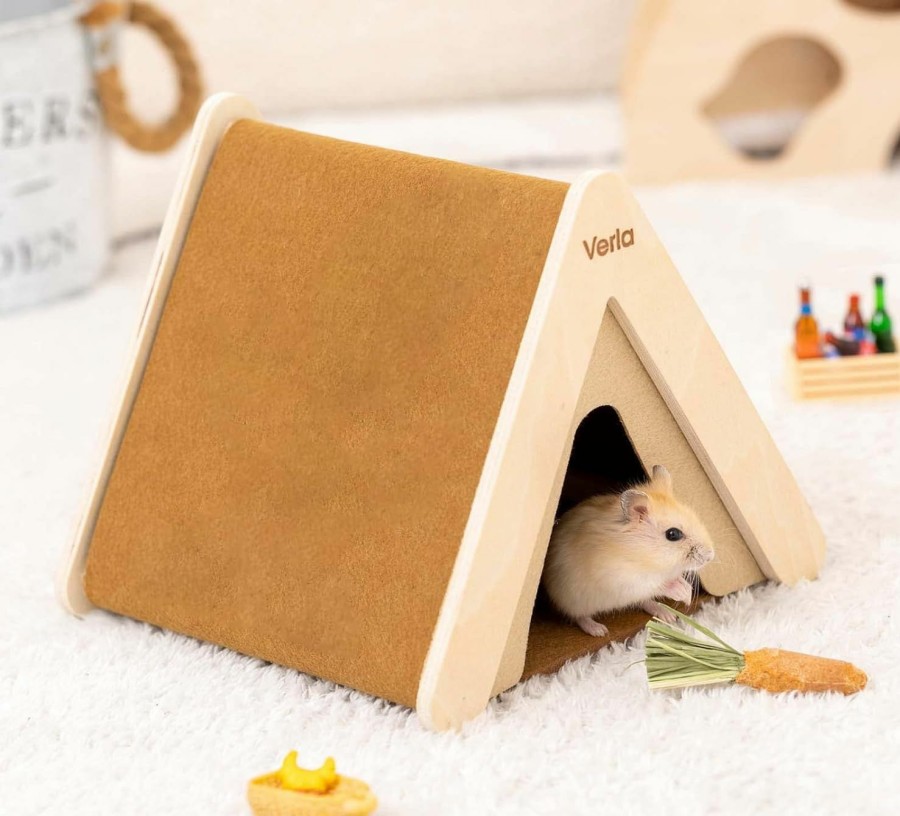 Small Animal Verla | Hamster Hideout Clearance, 2-In-1 Hamster Accessories Climbing Toy Wooden House Habitat Cage Decor Warm Bed For Dwarf Syrian Hamsters Gerbils Mice, Cute Tent Shape Stable Hut