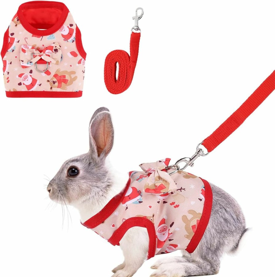 Small Animal HAICHEN TEC | Rabbit Clothes Christmas Harness And Leash Adjustable Bunny Vest Xmas Costumes Wedding Holiday Daily Wear Walking Harness For Bunny Ferret Chinchilla Guinea Pig Kitten Puppy (Red, M)