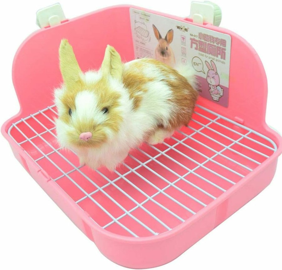 Small Animal SunshineBio | Rabbit Litter Box Toilet For Small Animal Bunny Rabbits Guinea Pig Galesaur Ferrets Corner Litter Pan Potty Trainer With Stainless Steel Panel Small Pets Cage Toilet Bedding Box (Pink)