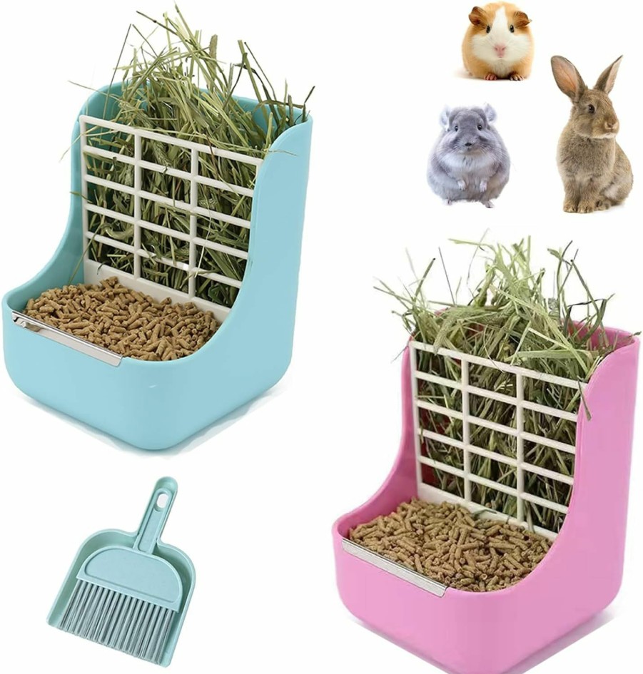 Small Animal Lucky Interests | Lucky Interests 2Pcs Rabbit Hay Food Bin Feeder, 2 In 1 Hanging Automatic Guinea Pig Hay Feeder Dispenser Grass & Food Bunny Bowl For Guinea Pig Rabbit Chinchilla With Mini Broom & Dustpan(Blue, Pink)