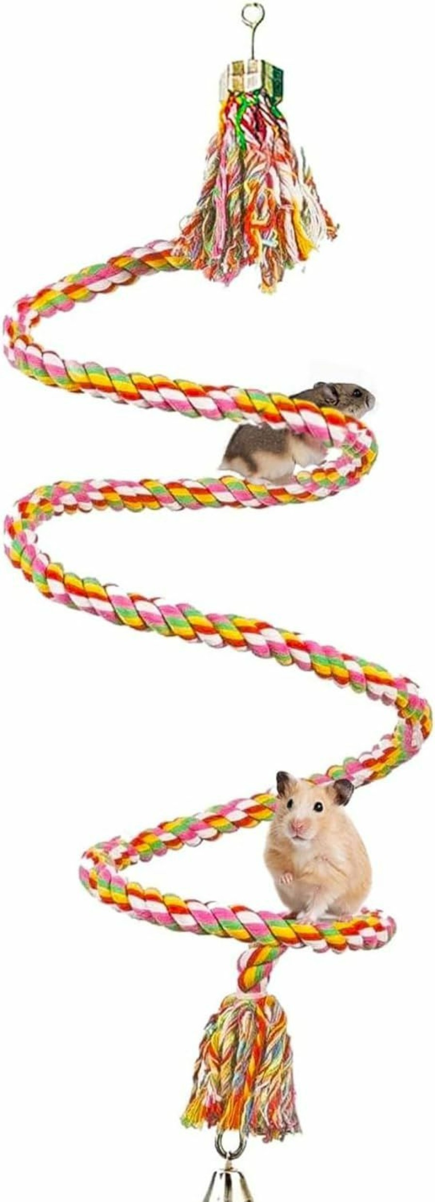 Small Animal SunGrow | Sungrow Rat Rope Perch, For Hamsters, Sugar Gliders, Reptiles, 59" Long, Spiral Design With Jingling Bell, Vibrant Handmade Chew Toy