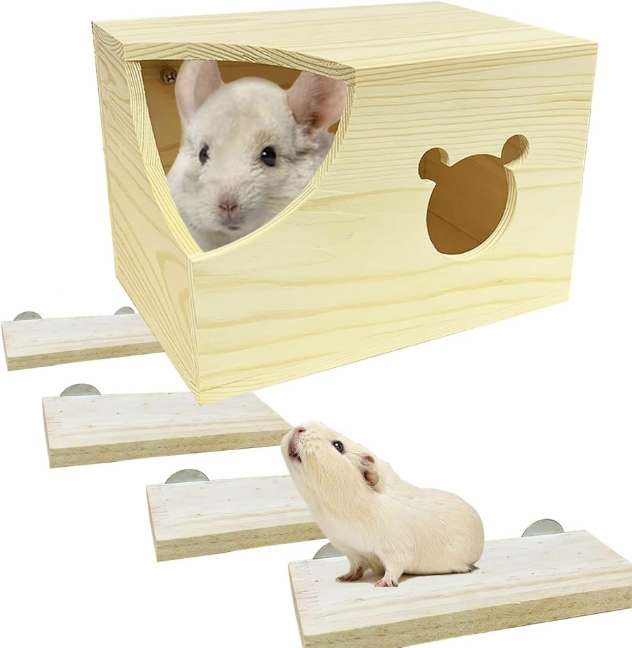 Small Animal kathson | Kathson Wood Chinchilla House Natural Handcrafted Guinea Pig Hideout Small Animals Hut With Window And Wooden Climbing Platform X 4 For Guinea Pigs Chinchilla Squirrel Hedgehog