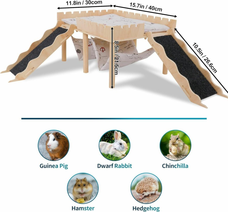 Small Animal Teabelle | Teabelle Guinea Pig Hideout With Hammock, Large Wooden Guinea Pig Platform With Ramps For 5-6 Piggies, Small Animal House Decor Bed, For Hamster Chinchilla Hedgehog Dwarf Bunny To Play With