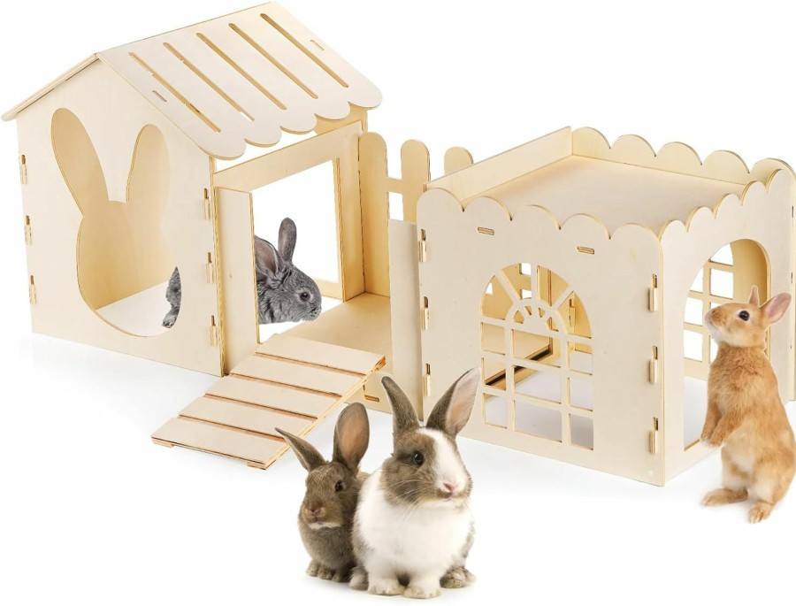 Small Animal WUWEOT | Wuweot Large Rabbit Castle, Wooden Bunny Houses And Hideouts, Luxurious Small Animal Hideaway Playhouse, Wood Cat Beds With Courtyard For Indoor Chinchilla Guinea Pig Hamster