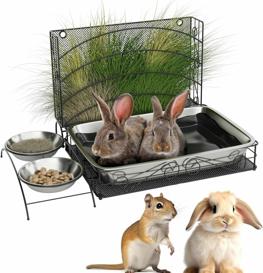 Small Animal Acools | Acools 3-In-1 Rabbit Hay Feeder With Litter Box Bowls, Metal Feeding Manger, Detachable Toilet Combo For Small Pets