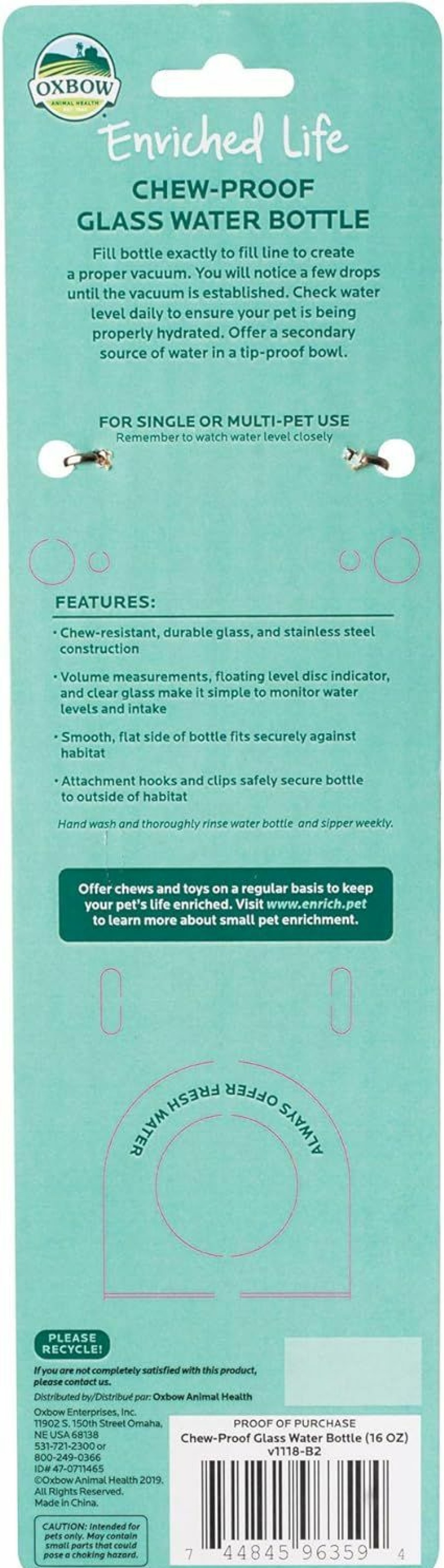 Small Animal Oxbow | Oxbow Enriched Life Chew Proof Glass Water Bottle, 16Oz / 473Ml