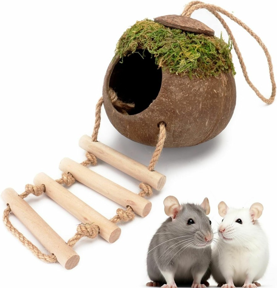 Small Animal SanmooAio | Sanmooaio Natural Coconut Hamster Hideaway With Ladder,Bird Mossy Ladder Hideout,Reptile Climbing Habitat Decor For Bird/Chameleon/Lizard/Snake/Hermit Crab/Hamsters And Other Small Animals (Ladder)