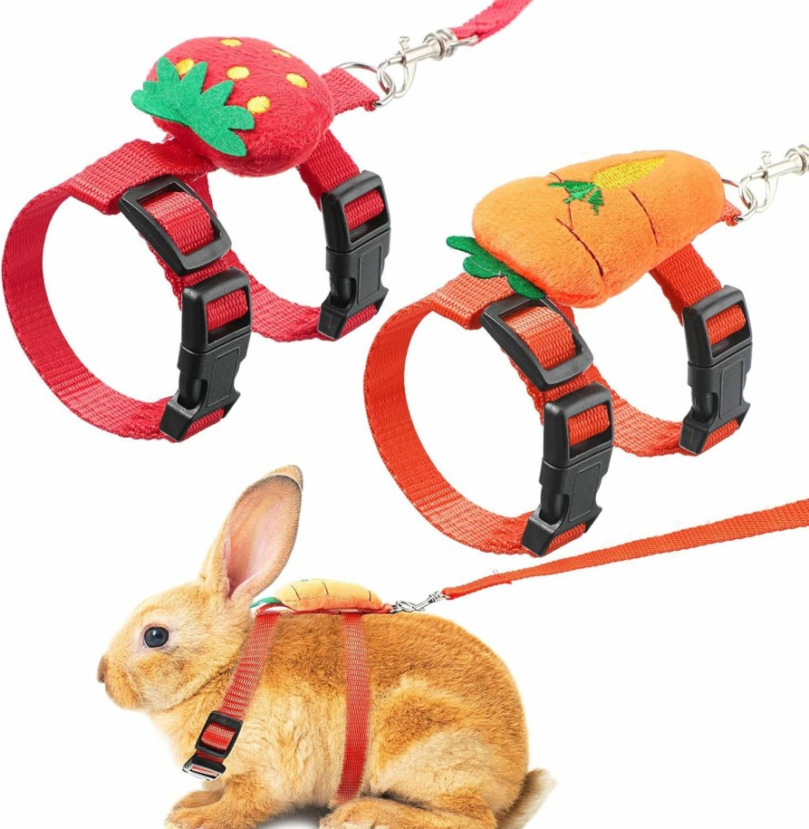 Small Animal CHENGU | 2 Pack Adjustable Rabbit Harness And Leash Bunny Harness Leash Set Harness Leash For Rabbit Kitten Puppy Pig And Small Pet Animals (Carrot, Strawberry)