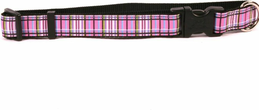 Small Animal Yellow Dog Design | Yellow Dog Design Tartan Pink On Black Grosgrain Ribbon Collar-Size Small-3/4 Wide And Fits Neck 10 To 14\"