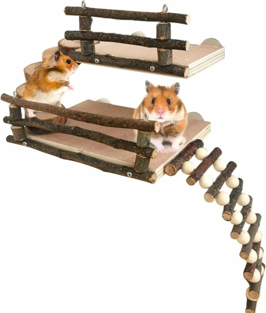 Small Animal Fhiny | Fhiny Hamster Climbing Toys, 2 Layer Wooden Activity Platform With Bridge Hanging Playground Cage Accessories Hamster Wood Chewing Toys For Dwarf Hamsters Gerbils Small Pets