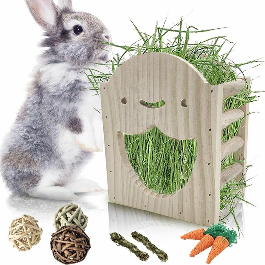 Small Animal Hamiledyi | Hamiledyi Wood Rabbit Hay Feeder For Cage Bunny Hay Manger Rack Small Animals Feeding Holder Wooden Grass Dispenser With Chew Toys For Guinea Pig Chinchilla Hamster 9Pcs