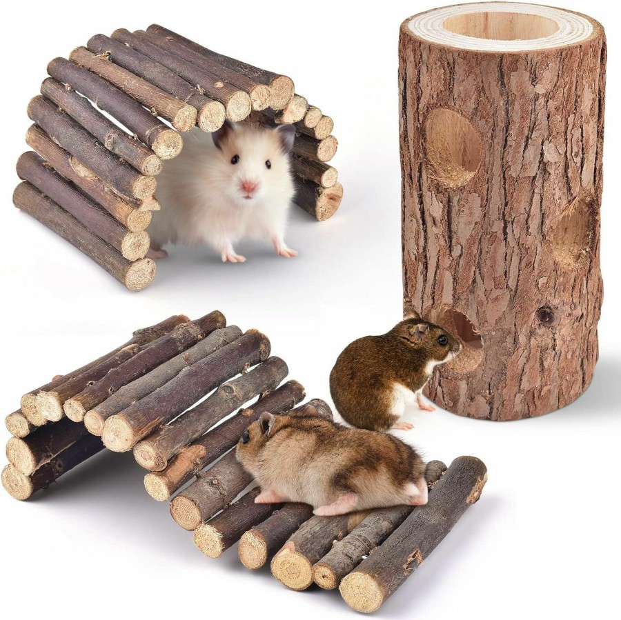 Small Animal Bissap | Bissap 3Pcs Hamster Toys, Natural Guinea Pig Wooden Ladder Bridge Forest Hollow Tree Trunk Hideout For Dwarf Syrian Hamsters Mice Gerbils Chinchilla Cage Accessories Climbing Hides Toy