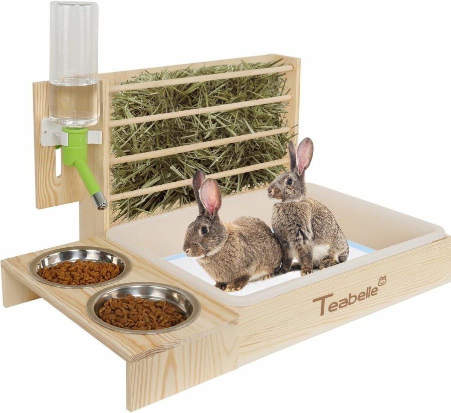 Small Animal Teabelle | Teabelle Rabbit Litter Box With Hay Feeder And Bowls, 4 In 1 Wooden Bunny And Guinea Pig Hay Feeder, Small Pet Cage Accessories With Water Bottle Litter Pan Hay Feeder And 2Pcs Bowls