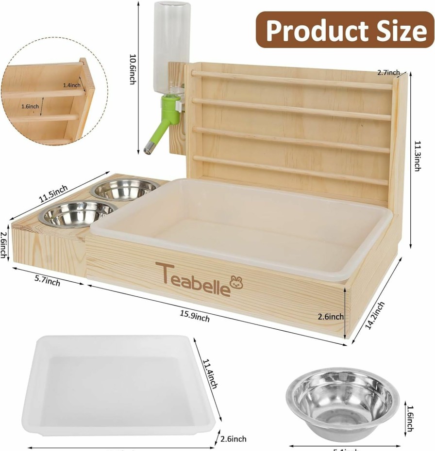 Small Animal Teabelle | Teabelle Rabbit Litter Box With Hay Feeder And Bowls, 4 In 1 Wooden Bunny And Guinea Pig Hay Feeder, Small Pet Cage Accessories With Water Bottle Litter Pan Hay Feeder And 2Pcs Bowls