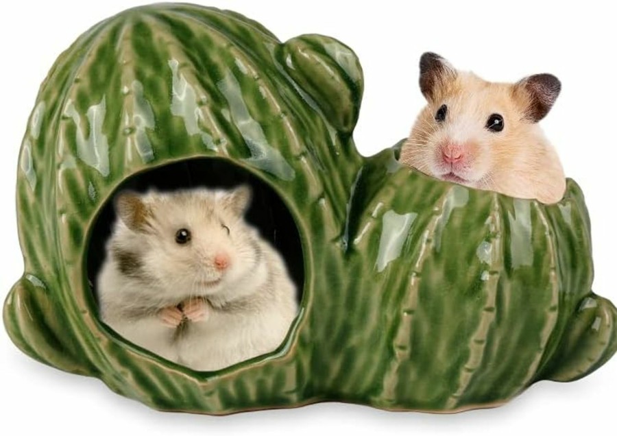 Small Animal CheeFun | Cheefun Ceramic Hamster Hideout House: Cactus Pet Hideout Hut Cave With Double Doors - Habitat Decor For Dwarf Hamsters Gerbils Mice Small Animals (Light Green)