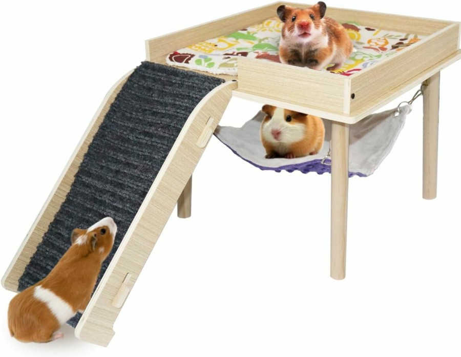 Small Animal Generic | Guinea Pigs Hammock With Platform, Safe Wooden Hideout With Stairs For Hamsters Gerbils Rabbits Ferrets, Durable Small Pet Bed For Piggies Chinchilla Rat Bunny, Single Hammock