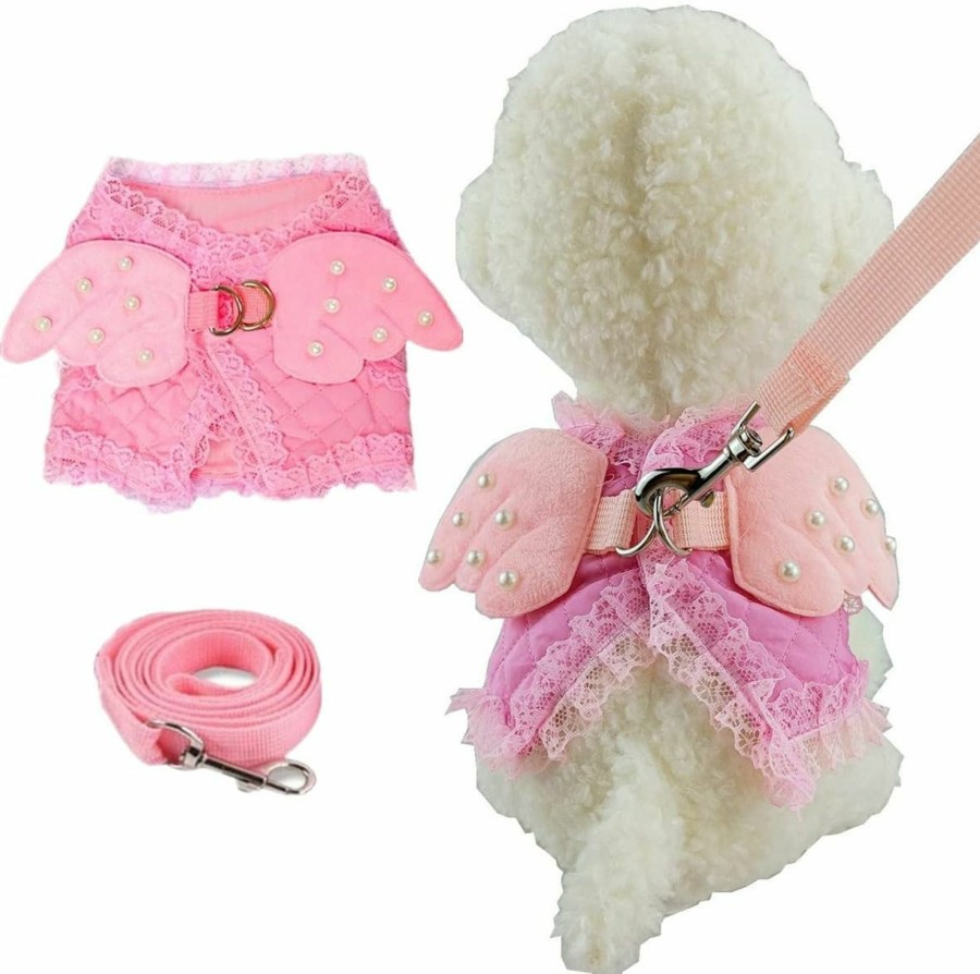 Small Animal Wiz BBQT | Pink Cute Adorable Pet Cat Dog Harness And Leash Set With Lace Artificial Pearl Angel Wing (Large)