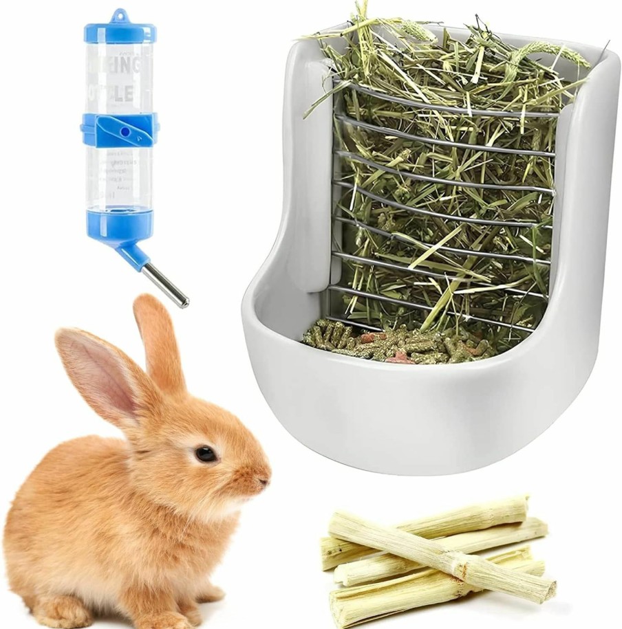 Small Animal kathson | Kathson Rabbit Hay Feeders Ceramic Food Bowl Rack Bunny Water Bottles Dispenser Small Animal Chew Twist For Rabbit Guinea Pig Chinchillas Hamsters