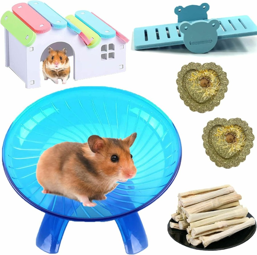 Small Animal Hamiledyi | Hamiledyi Hamsters Flying Saucer Silent Running Exercise Wheels 10 Pcs Wooden Rainbow Gerbil House With Seesaw Small Animal Chew Toys For Teeth Care Molar Grass Cake Sweet Bamboo Snacks For Dwarf Mice