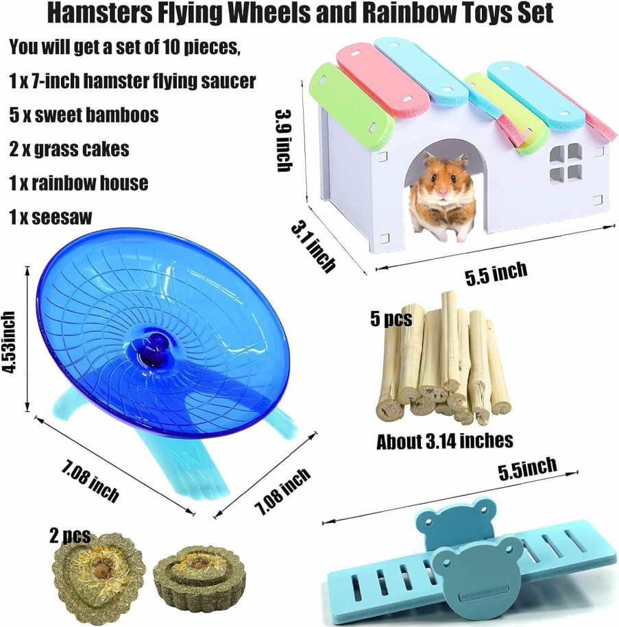 Small Animal Hamiledyi | Hamiledyi Hamsters Flying Saucer Silent Running Exercise Wheels 10 Pcs Wooden Rainbow Gerbil House With Seesaw Small Animal Chew Toys For Teeth Care Molar Grass Cake Sweet Bamboo Snacks For Dwarf Mice