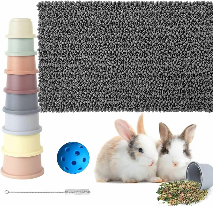 Small Animal IMVNIKA | Imvnika Rabbit Enrichment Toys Set, 8 Pcs Stacking Cups For Rabbits,16\"X 24\"Snuffle Mat For Bunny, Guinea Pig Foraging Mat, Treatsball For Chinchilla Cage Accessories Supplies,Grey