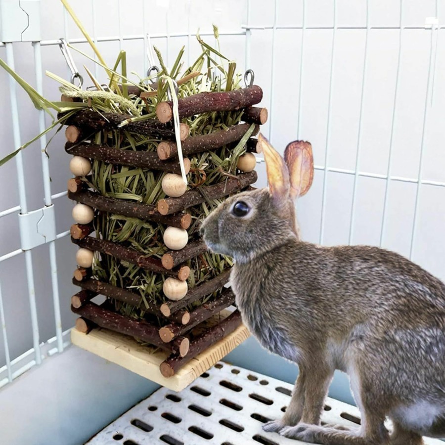 Small Animal Alphatool | Hanging Apple Wood Rabbit Hay Feeder- Wooden Grass Shelf With 2 Hooks Biting Resistant Small Animals Feeding Hay Manager For Chinchilla Bunny Guinea Pig Hamster Gerbil Holiday Presents