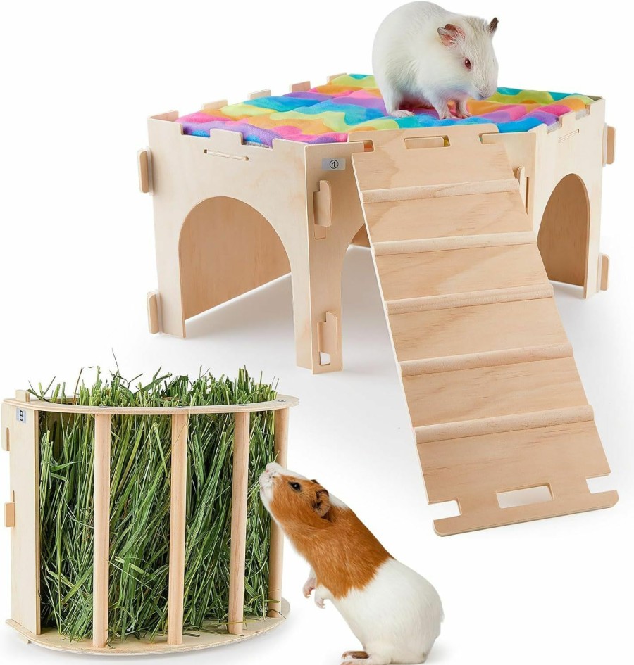 Small Animal Bienbee | Guinea Pig Hideout, Bienbee Large Wodden Rabbit Hideout With Hay Feeder Set, Corner Guinea Pig House Guinea Loft, Small Animal Castle With Soft Mat And Stair For Chinchilla, Hamsters, Bunny, Hedgehog