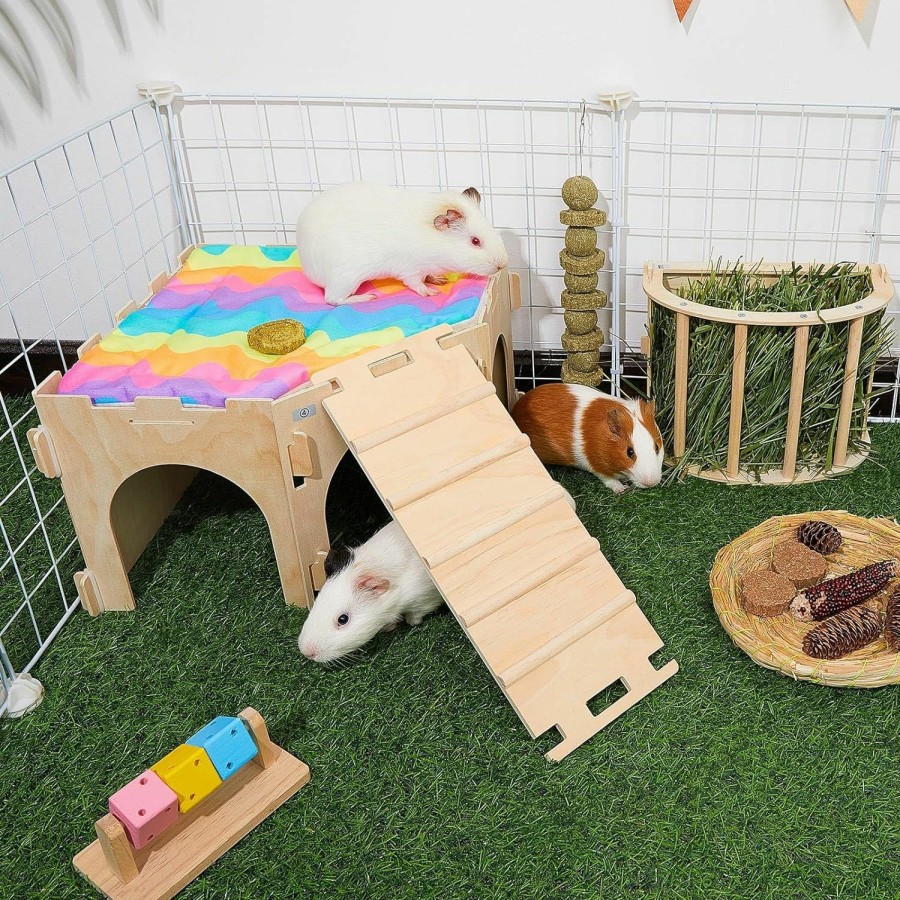 Small Animal Bienbee | Guinea Pig Hideout, Bienbee Large Wodden Rabbit Hideout With Hay Feeder Set, Corner Guinea Pig House Guinea Loft, Small Animal Castle With Soft Mat And Stair For Chinchilla, Hamsters, Bunny, Hedgehog