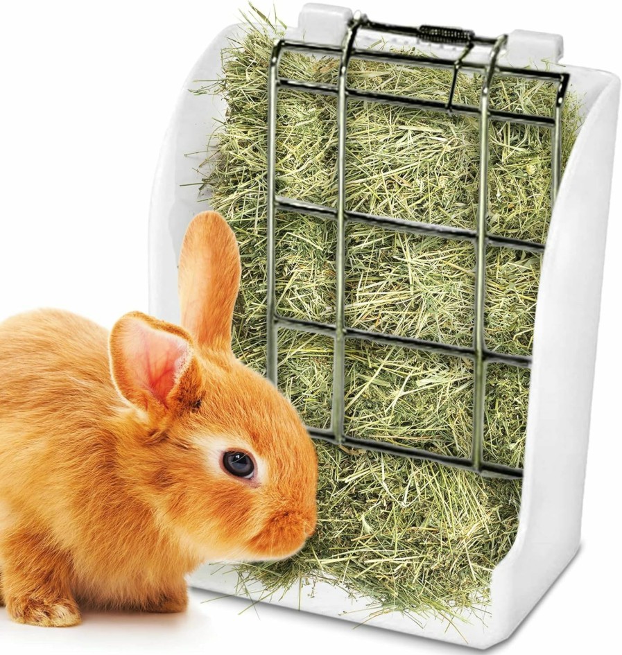 Small Animal SunGrow | Sungrow Hay Feeder For Rabbits, Hamster, Chinchilla, Indoor Food Dispenser, No Mess Hay Rack Manger For Small Animals, Hanging Alfalfa And Timothy Hay Dispenser, Guinea Pig Cage Accessories, White