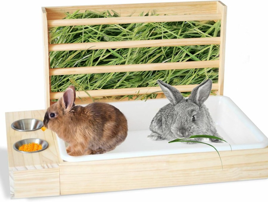 Small Animal PINVNBY | Pinvnby 3 In 1 Rabbit Hay Feeder With Litter Box,Wooden Rabbit Litter Box With Hay Feeder Bunny Hay Feeder With Toilet And Bowls Combo Small Animal Hay Holder Rack For Chinchillas Hamster Guinea Pig