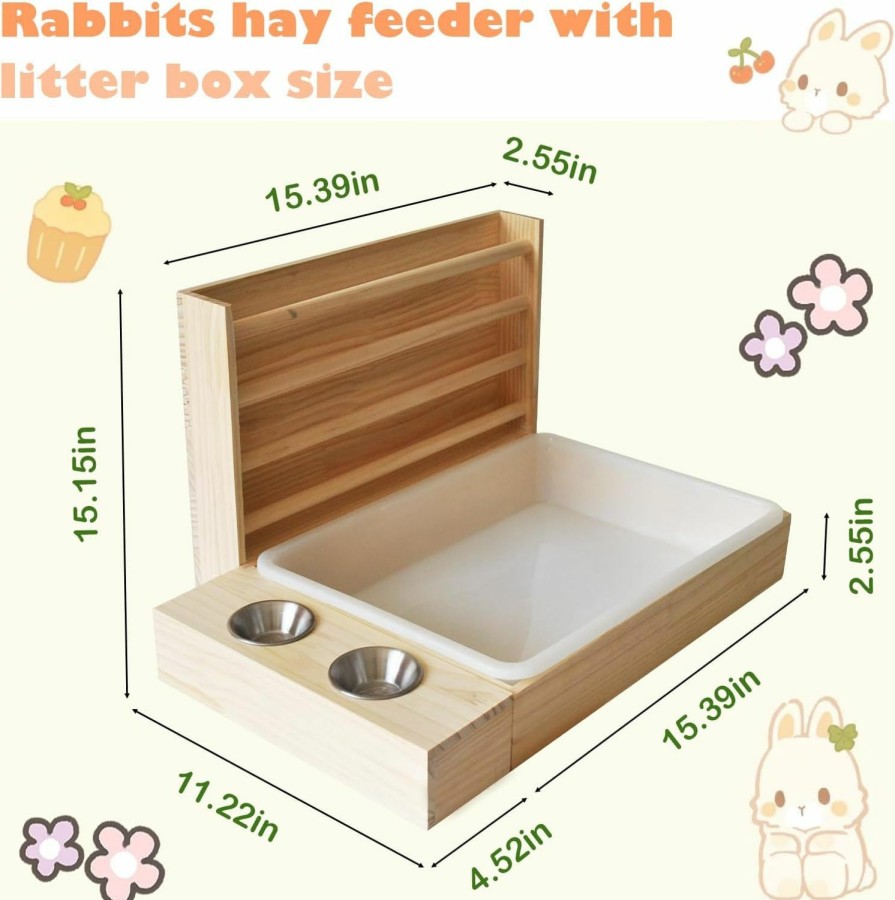 Small Animal PINVNBY | Pinvnby 3 In 1 Rabbit Hay Feeder With Litter Box,Wooden Rabbit Litter Box With Hay Feeder Bunny Hay Feeder With Toilet And Bowls Combo Small Animal Hay Holder Rack For Chinchillas Hamster Guinea Pig