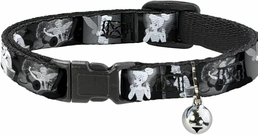 Small Animal Buckle-Down | Buckle-Down Breakaway Cat Collar - Tinker Bell Scenes Black/White - 1/2\" Wide - Fits 9-15\" Neck - Large