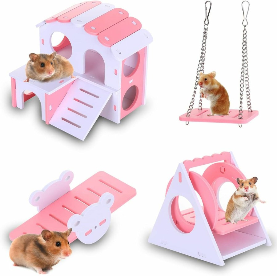 Small Animal HomeSoGood | Homesogood 4 Pack Hamster Toys,Hamster Seesaw Toy Set Hamster Diy Wooden Exercise Play Toys(Pink)