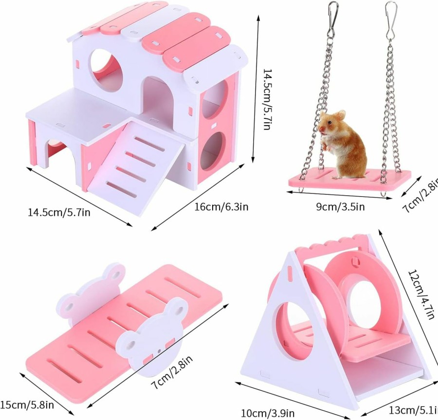 Small Animal HomeSoGood | Homesogood 4 Pack Hamster Toys,Hamster Seesaw Toy Set Hamster Diy Wooden Exercise Play Toys(Pink)