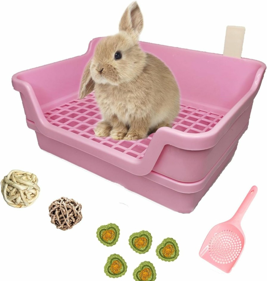 Small Animal PINVNBY | Pinvnby Large Rabbit Litter Box Deep Bunny Corner Toilet Box Double-Deck Small Animal Potty Trainer With Hooks For Adult Guinea Pig Chinchilla Ferret Chipmunk(Pink)