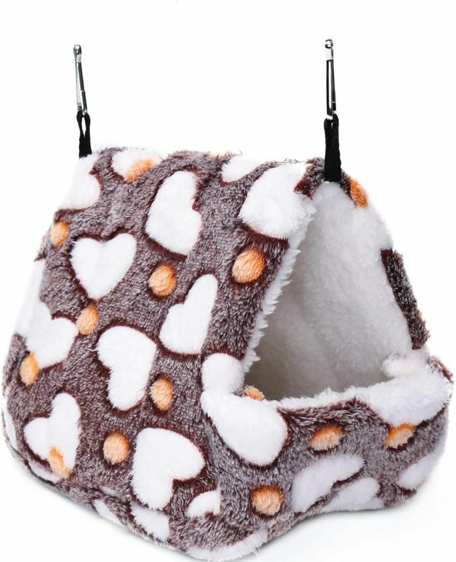 Small Animal Petmolico | Petmolico Winter Warm Plush Guinea Pig Tent Bed, Small Pet Hanging Hammock Bed Nest Cage Accessories Hamster Bedding Hideout Playing Sleeping, Brown Heart - Medium Size