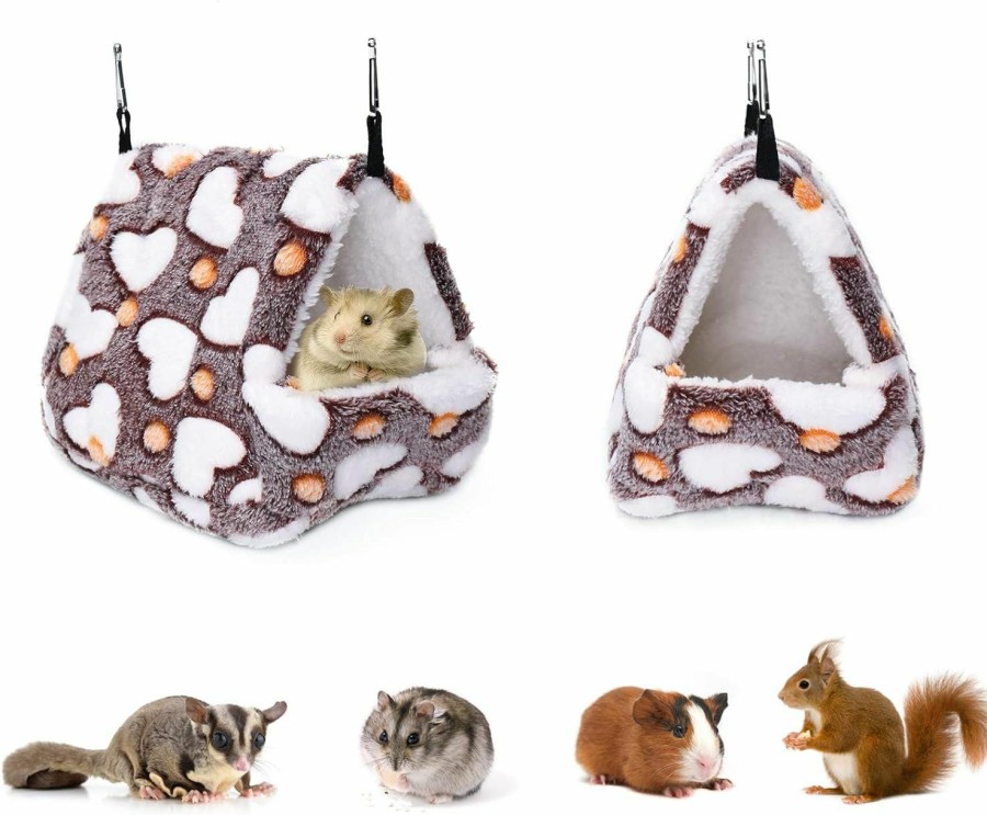 Small Animal Petmolico | Petmolico Winter Warm Plush Guinea Pig Tent Bed, Small Pet Hanging Hammock Bed Nest Cage Accessories Hamster Bedding Hideout Playing Sleeping, Brown Heart - Medium Size