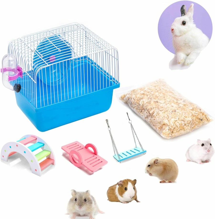 Small Animal PStarDMoon | Pstardmoon Portable Hamster Cage With Running Exercise Wheels, Water Bottle, With Rainbow Hamster Toys And Sawdust, For African Miniature Rabbit Chinchilla Squirrel And Other Small Animals (Blue)