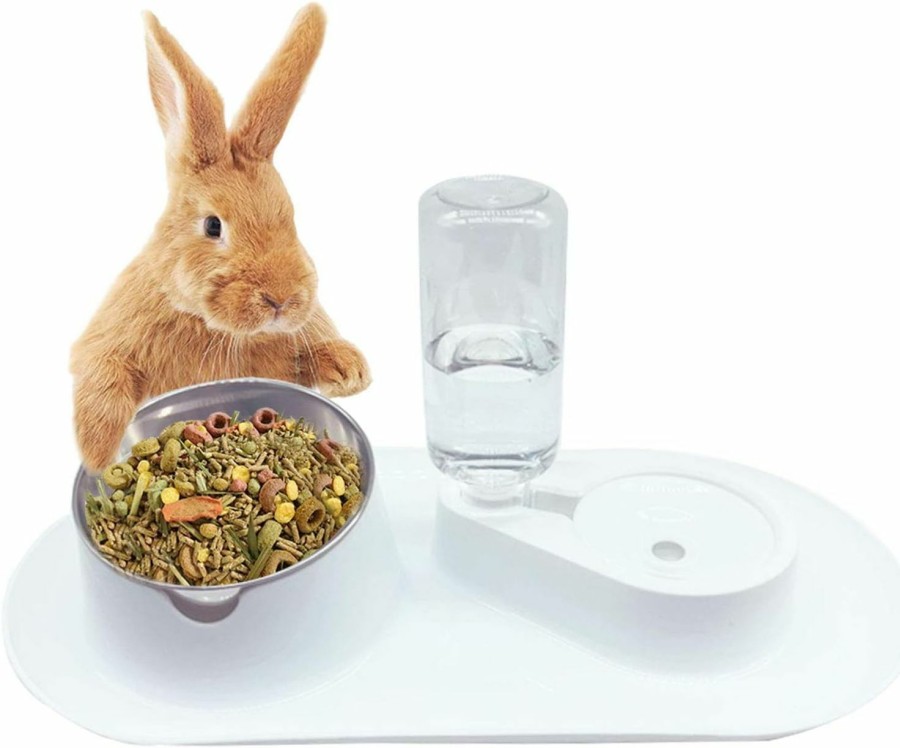 Small Animal Tfwadmx | Tfwadmx Rabbit Double Bowls Bunny Automatic Water Dispenser Detachable Plastic Bottle Adjustable Titled Neck Protection Food Feeder For Chinchilla Cat Puppy Squirrel And Other Small Animals