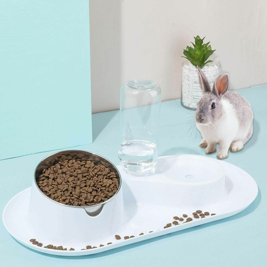 Small Animal Tfwadmx | Tfwadmx Rabbit Double Bowls Bunny Automatic Water Dispenser Detachable Plastic Bottle Adjustable Titled Neck Protection Food Feeder For Chinchilla Cat Puppy Squirrel And Other Small Animals