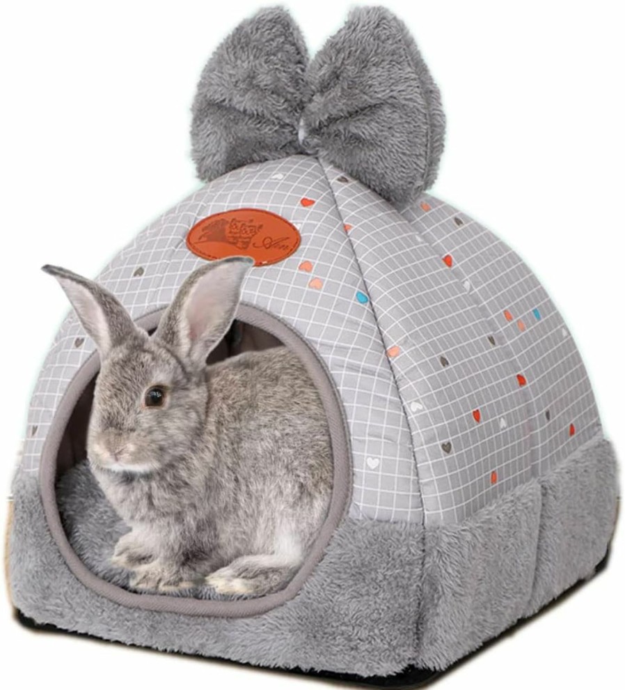 Small Animal KAUJIAREN | Rabbit Bed - Warm Guinea Pig Cave Beds Cute Bowknot Rabbit House And Hideouts Cage Accessorie For Bunny Guinea Pigs Chinchilla And Other Small Animals (Grey)