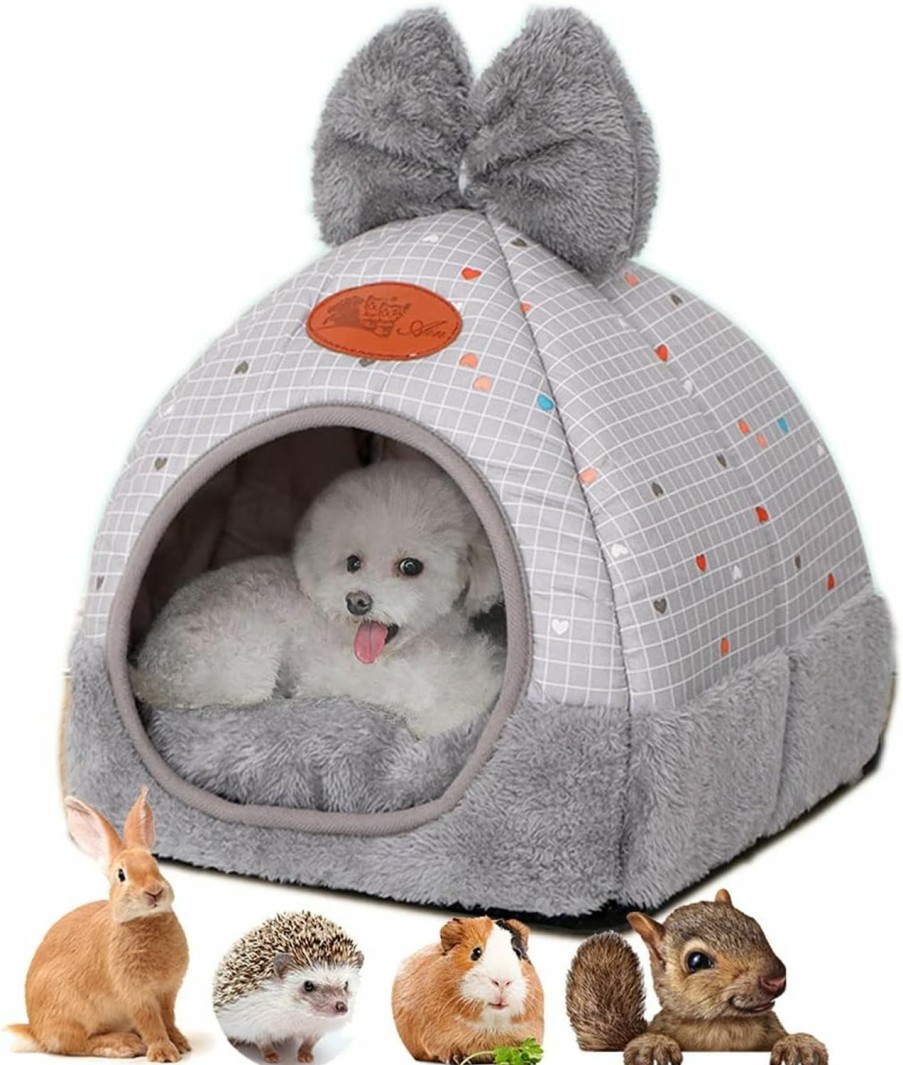 Small Animal KAUJIAREN | Rabbit Bed - Warm Guinea Pig Cave Beds Cute Bowknot Rabbit House And Hideouts Cage Accessorie For Bunny Guinea Pigs Chinchilla And Other Small Animals (Grey)