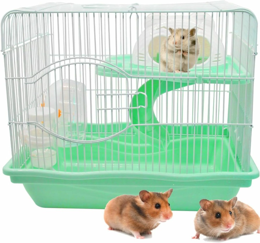 Small Animal MUYG | Muyg 2-Tier Portable Hamster Cage And Habitats,Travel Metal Mouse Cages With Free Water Bottle,Houses And Exercise Wheel For Any Breed Of Hamster And Small Animal (14.6X11.0X11.8Inch Green)