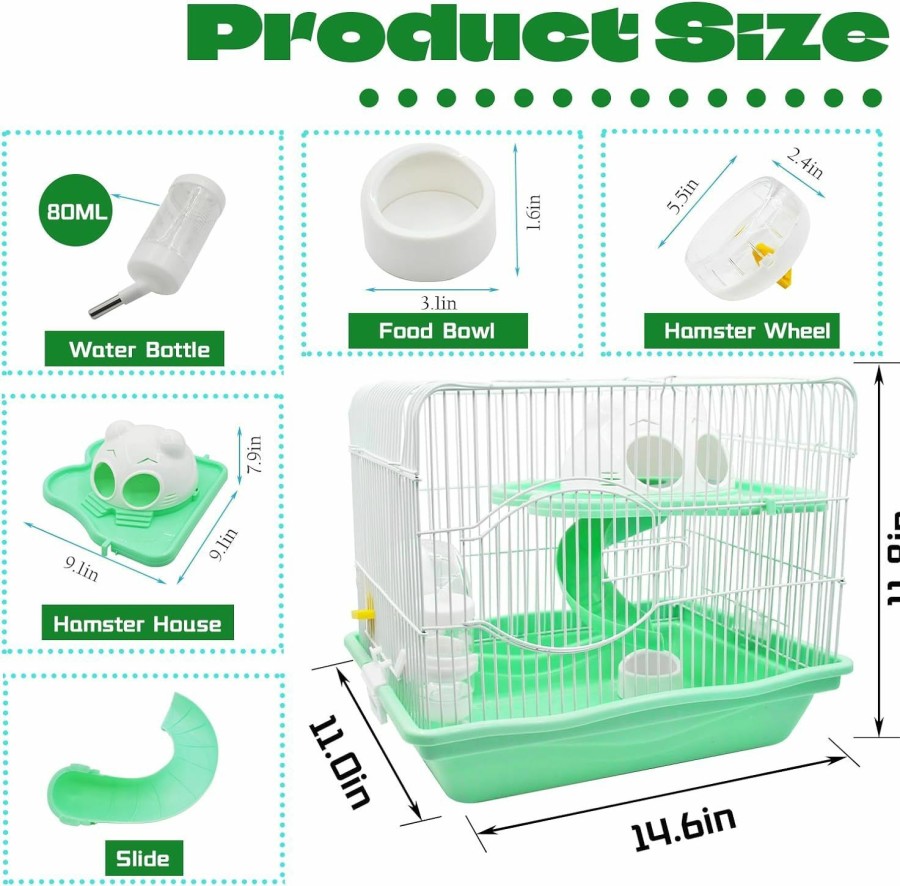 Small Animal MUYG | Muyg 2-Tier Portable Hamster Cage And Habitats,Travel Metal Mouse Cages With Free Water Bottle,Houses And Exercise Wheel For Any Breed Of Hamster And Small Animal (14.6X11.0X11.8Inch Green)