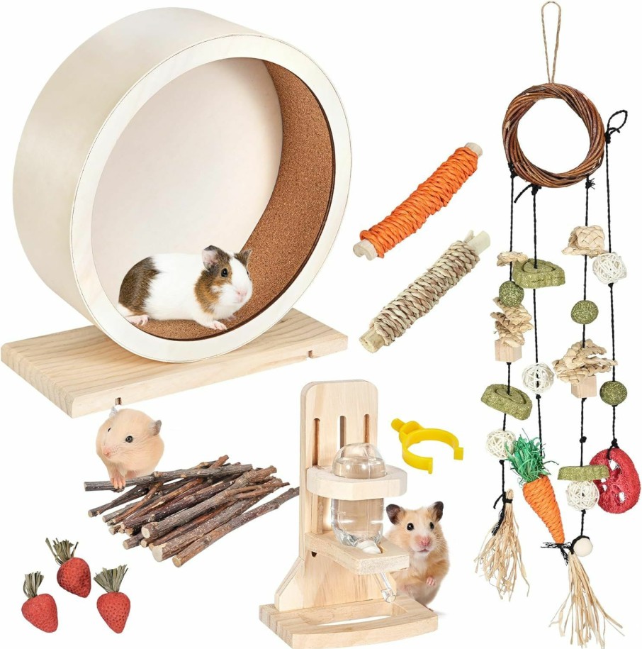 Small Animal antiai | Antiai 9.8 Inch Wooden Hamster Exercise Wheel Set,Silent Wheel Quiet Spinner Hamster Running Wheels,Hamster Water Feeder Accessories Chew Toys For Hamsters, Gerbils, Mice And Other Small Pets,9 Pcs