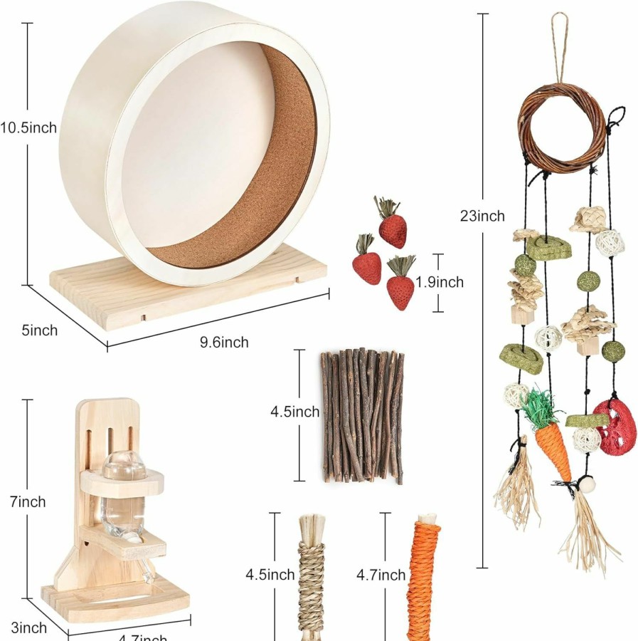 Small Animal antiai | Antiai 9.8 Inch Wooden Hamster Exercise Wheel Set,Silent Wheel Quiet Spinner Hamster Running Wheels,Hamster Water Feeder Accessories Chew Toys For Hamsters, Gerbils, Mice And Other Small Pets,9 Pcs