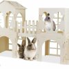 Small Animal Teabelle | Teabelle Wooden Rabbit Hideout House, Large Bunny Castle Cage With Feeder, Multi-Chamber Small Animal Playhouse For Rabbit Guinea Pig Hedgehog Chinchilla