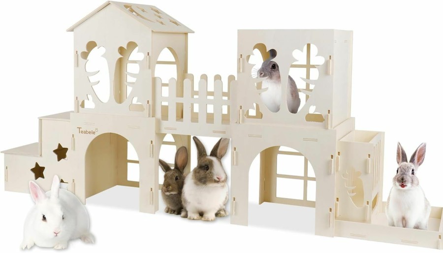 Small Animal Teabelle | Teabelle Wooden Rabbit Hideout House, Large Bunny Castle Cage With Feeder, Multi-Chamber Small Animal Playhouse For Rabbit Guinea Pig Hedgehog Chinchilla