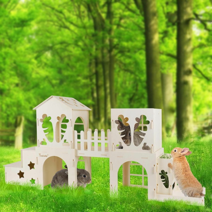 Small Animal Teabelle | Teabelle Wooden Rabbit Hideout House, Large Bunny Castle Cage With Feeder, Multi-Chamber Small Animal Playhouse For Rabbit Guinea Pig Hedgehog Chinchilla